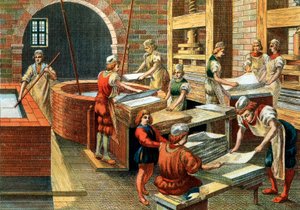 Pohled na dílnu na výrobu papíru ve Fabrianu v 16. století, Itálie. Různé kroky. Ilustrace. Soukromá sbírka – dílna na výrobu papíru ve Fabrianu (Itálie) od Anonymous Anonymous