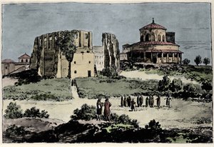Pohled na kostel Santa Constance (nza), mauzolea císaře Konstantina postavená ve 4. století poblíž baziliky sv. Anežky (Agnese) v Římě Ilustrace z 19. století od Anonymous Anonymous
