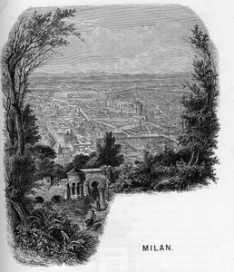 Pohled na město Milán (Milano), Itálie. Rytina z roku 1859 v „”les galeries de l