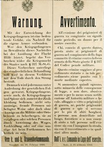 Varování po útěku italských válečných zajatců 16. února 1916 prosící rakouské obyvatelstvo, aby jim nepomáhalo (rytina od Anonymous Anonymous
