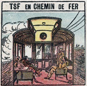 Bezdrátové telefonování: T.S.F. v železničním vagónu. Anonymní ilustrace z roku 1925. Soukromá sbírka. od Anonymous Anonymous