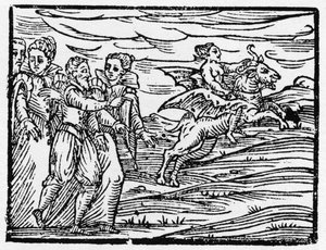 Čarodějnice na koze - “” Compendium Maleficarum””, pojednává o čarodějnicích, jejich zlu a jejich údělech od Francesca Maria Guazzo nebo Guaccia nebo Guaccia (15?? -16??) Soukromá sbírka 1608 od Anonymous Anonymous