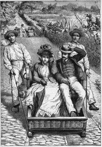 carros de cesto na Madeiře 1893 - Les corinhos (carrieros) a Madeira (Madeira) - muži navádějící sedadlo na dvou místech na ruletě (un corinho). rytina v ""cestovatelském deníku""" 1893 od Anonymous Anonymous
