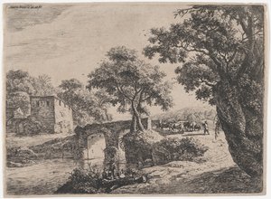Stádo u kamenného mostu, 17. století. od Anthonie Waterloo