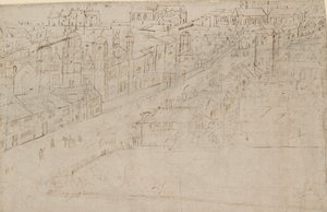 Panorama Londýna při pohledu ze Southwarku: Borough High Street se St Mary Overy, 1554 od Anthonis van den Wyngaerde