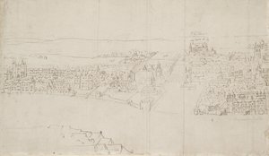 Panorama Londýna při pohledu ze Southwarku: Durham House k Barnards Castle (pero a inkoust přes černou křídu na papíře) od Anthonis van den Wyngaerde