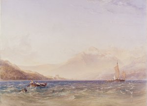 Hlava jezera Loch Fyne, s hradem Dindarra, 1850 (wc, barva karoserie přes grafit na papíře)