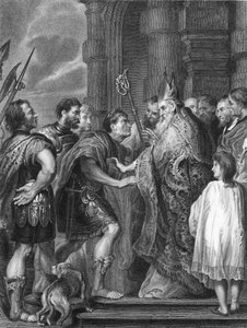 Svatý Ambrož, který odmítl vpustit císaře Theodosia do kostela (rytina)