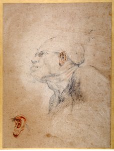 Muž má obvázanou hlavu, levé ucho nacvičené zvlášť (černá a červená křída na papíře) od Anthony van Dyck