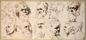 Jedenáct studií hlavy (pero a hnědý inkoust na papíře) od Anthony van Dyck