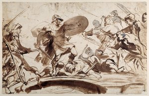 Horatius Cocles bránící Tiberský most (pero a inkoust s mytím na papíře) od Anthony van Dyck