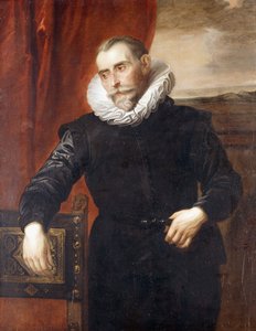 Portrét Franse Snyderse, polodlouhého, v černém kostýmu, opírajícího se o židli, krajina za ním, od Anthony van Dyck