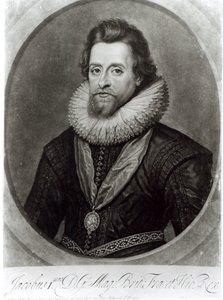 Portrét Jakuba I. (1566-1625) podle miniatury Nicholase Hilliarda (1547-1619) z roku 1617, vyrytý George Vertue (1684-1756) od Anthony van Dyck