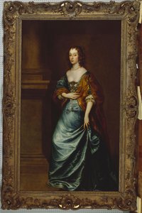 Portrét Mary Villiersové, vévodkyně z Lennoxu a Richmondu, v modrých šatech a hnědém obalu u sloupu od Anthony van Dyck