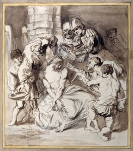 Zesměšňování Krista (pero a inkoust s přepíráním křídou na papíře) od Anthony van Dyck