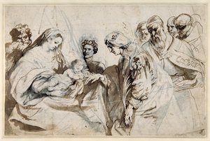 Mystická svatba svaté Kateřiny (pero a inkoust s perem přes křídu na papíře) od Anthony van Dyck