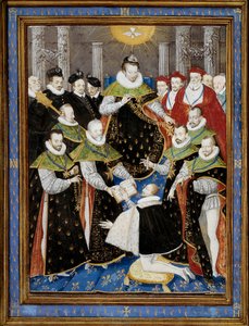 Král Jindřich III. (1551-1589) předsedající první ceremonii Řádu Ducha svatého (Řád svatého Ducha) v roce 1587 Miniatura od Williama Richardiere (16. století) po Antoine Caronovi (1521-1599) 1587 Chantilly, Musee Conde - Král Jindřich III. (15 od Antoine (after) Caron