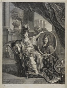 Ludvík XIV., francouzský král, ochránce věd - rytina Antoina Coypela Historie Královské akademie věd, rok 1703 od Antoine (after) Coypel