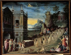 Alegorie: pohřeb lásky Pohřební průvod nesoucí tělo Erose míří k Venušině chrámu. Obraz z dílny Antoina Carona (1521-1599) od Antoine (studio of) Caron