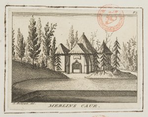 Pohled na Merlinovu jeskyni, Kew Gardens, ilustrace z knihy "Lysons