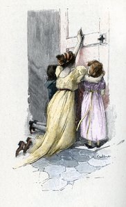 Josephine de Beauharnais pláče se svými dětmi Hortense a Eugene u dveří pokoje Napoleona Bonaparta (1769-1821), který ho odmítl otevřít poté, co se během svého pobytu v Egyptě dozvěděl o mimomanželských dobrodružstvích