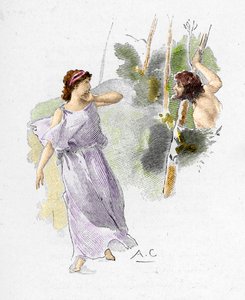 Odyssea Homérova: „“Nausicaa, dcera krále Alcinoose, vidí Odyssea nahého a hladovějícího, jak ji žádá o pomoc“ (Odysseus se vynoří z lesa zcela nahý, vyděsí služebníky Nausicay, dcery krále Alkinose, a požádá ji o pomoc) Il