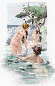 Odyssea Homérova: „Nausicaa, dcera krále Alkinose, a její služebnice, které si perou šaty v řece“ Ilustrace Antoine Calbeta (1860-1944) k „Odyssea“ řeckého básníka Homéra (Homérova Odyssea) 1897 Soukromá sbírka od Antoine Calbet