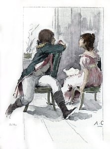 Portrét Napoleona Bonaparta (1769-1821) s jeho snoubenkou Desiree Clary (1777-1860) c. Duben 1795 (Portrét Desiree Clary v době jejího zasnoubení s Napoleonem Bonapartem, duben 1795) Kresba Antoina Calbeta čerpá z „Napoleon et les femmes“