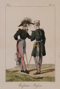 Ruské uniformy (ručně kolorovaná rytina) od Antoine Charles Horace Vernet