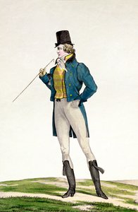 Dandy v robinsonském klobouku s dětskými kadeřemi, pletenými kalhotami a jezdeckými botami, deska 5 ze série módních desek Incroyable et merveilleuse, vyryla Georges Jacques Gatine (1773-1831) od Antoine Charles Horace Vernet