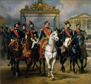 Francouzský král Ludvík Filip (1773-1850) a jeho synové opouštějí zámek Versailles na koních, 1846