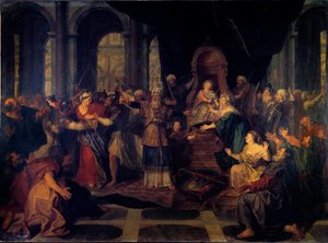 Athaliah pronásledovaná z chrámu Athaliah, manželka Jorama, krále judského, zůstává vdovou a vládne království tím, že se vzdala židovského náboženství. Obraz Antoina Coypela (1661-1722)