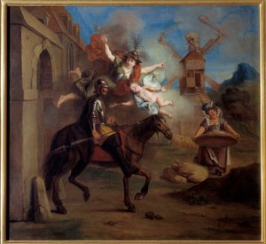 Don Quijote, hnán šílenstvím, opouští svůj dům, aby se stal potulným rytířem. „Důmyslný gentleman Don Quijote z La Manchy“ od Miguela de Cervantes Saavedra (1547-1616). Obraz Charles Antoine Coypel (1694-1752), mezi 1716. Olej na plátně
