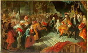 Král Ludvík XIV. (1638-1715) přijímá mimořádného velvyslance Persie Mehemeta Rezu Beye (Raza-Bey) v galerii zmrzliny ve Versailles dne 19. 2. 1715 Obraz připisovaný Antoinu Coypelovi (1661-1722) Sun. 0,7x1,5m