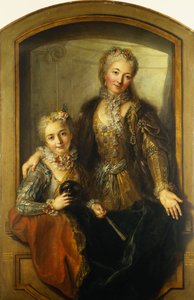 Portrét madame Dupille a její dcery, uprostřed těla, oblečená v plesových šatech v okně, 1733 od Antoine Coypel