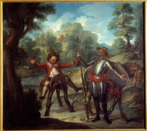 Příběh Dona Quijota: Sancho se probouzí a zoufale se snaží nenajít svého milovaného Grisona. „Důmyslný gentleman Don Quijote z La Manchy“ od Miguela de Cervantes Saavedra (1547-1616). Obraz Charles Antoine Coypel (1694-1752)