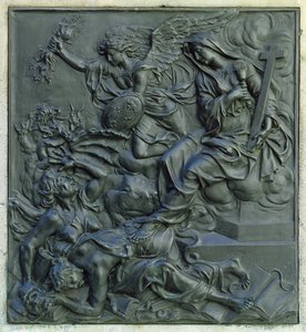 Francouzský anděl vyhánějící kacíře, detail z podstavce sochy Ludvíka XIV, asi 1687 (bronz)