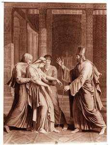Ester před Assuerem, ilustrace z knihy "Ester" od Jeana Racina (1639-99), vyryl Mathieu (čb foto) od Antoine Denis (after) Chaudet