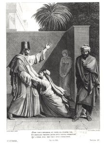 Esther Imploring Assuerus in the Presence of Aman, ilustrace z Esther od Jeana Racina (1639-99) rytina J.J. Coiny (1761–1809)