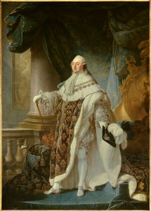 Portrét en pied du roi de France Ludvík XVI. (1754-1793), na sobě velký královský kostým v roce 1779 Obraz Antoine Francois (Antoine-Francois) Callet (1741-1823) 1779 Rozm. 2,7x1,89 m - - Portrét francouzského krále Ludvíka XVI. (1754-1793) v koruně od Antoine François Callet