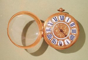 Hodinky, cca 1685 (zlacená mosaz a smalt)