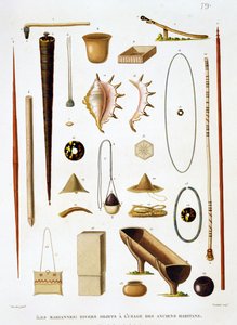 Domácí náčiní a zbraně z Mariánských ostrovů, z Cesty po světě (1817-20), Louis Claude Desaulses de Freycinet (1779-1842), vyryl Jean Louis Denis Coutant (1776-1831), s od Antoine Germain Bevalet
