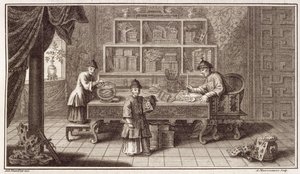 Čínský kaligrafický obchod, z účtu nizozemského velvyslanectví v Číně, vyryl A. Maisonneuve, asi 70. léta 16. století od Antoine Humblot