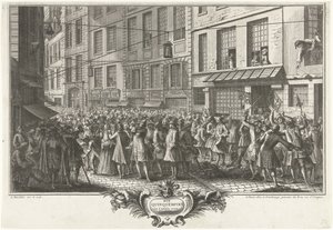 Z Rue Quinquempoix, 1720 Rue Quinquempoix v roce 1720 (název na objektu) Het Groote Tafereel der Dwaasheid (název série) od Antoine Humblot