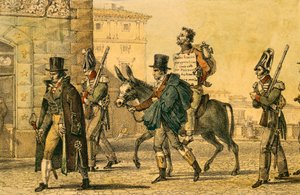 Trest, který zahrnoval vedení ulicemi na oslu, litografie Jean-Baptiste-Antoine Thomas (1791-1833) z Un Rome