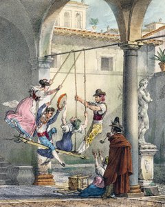 Houpačka, rytina Antoine Jean-Baptiste Thomas (1791-1834) z Un an a Rome et dans ses environs (Jeden rok v Římě a okolí), Francie