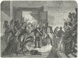 Ludvík XVIII opouštějící palác Tuileries poté, co se dozvěděl o Napoleonově návratu do Francie z Elby od Antoine Jean (after) Gros