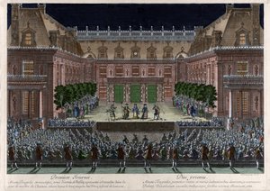 Reprezentace na mramorovém nádvoří zámku ve Versailles, d