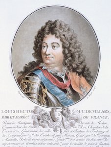Claude Louis Hector de Villars, z „Portréty velkých mužů, slavných žen a nezapomenutelných předmětů Francie, ryté a tištěné v barvách“, vydal Pierre Blin, 1786-92, Paříž (barevně en od Antoine Louis Francois Sergent Marceau
