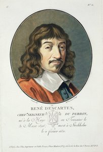 René Descartes, z knihy "Portraits des Grands Hommes, femmes illustres, et sujets memorables de France, grave et imprimes en couleurs", vydal Pierre Blin, 1786-92, Paříž. od Antoine Louis Francois Sergent Marceau